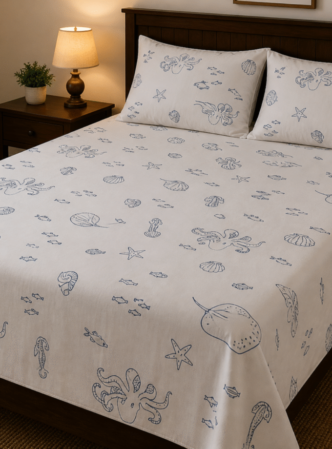 Ocean Odyssey: Premium King-Size Cotton Bedspread