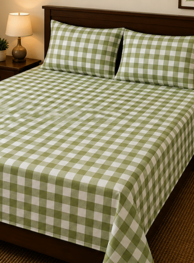 Sage Gingham: Premium King-Size Cotton Bedspread